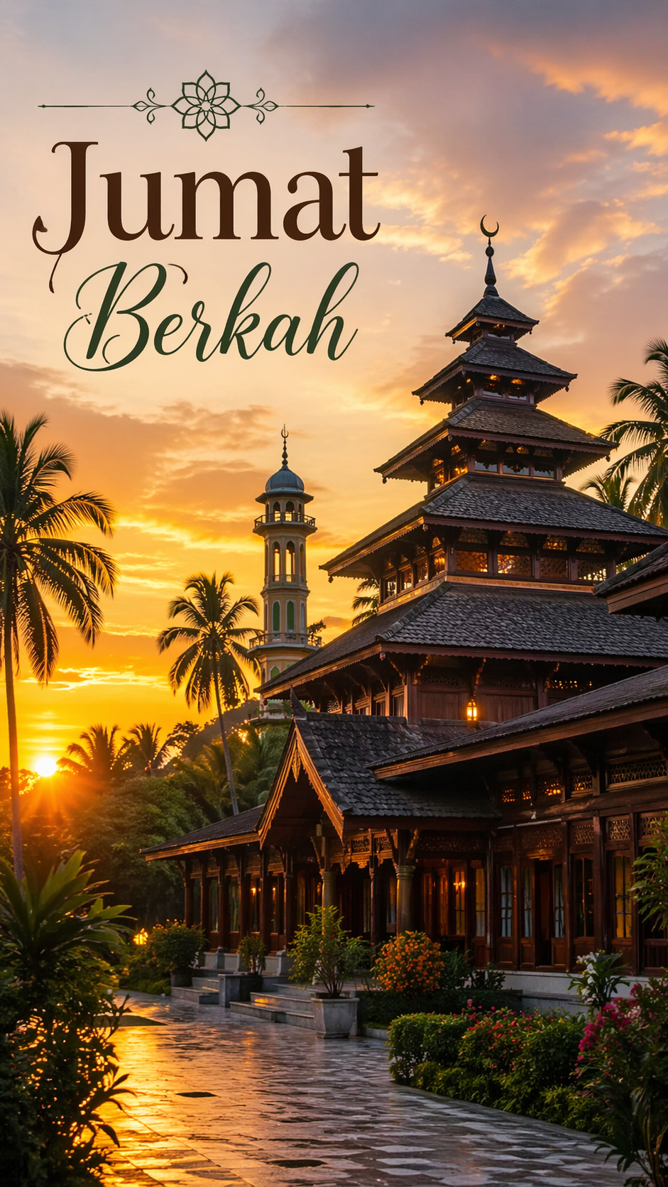 Traditional Indonesian mosque with multi-tiered wooden roof at sunset with palm trees, Jumat Berkah greeting